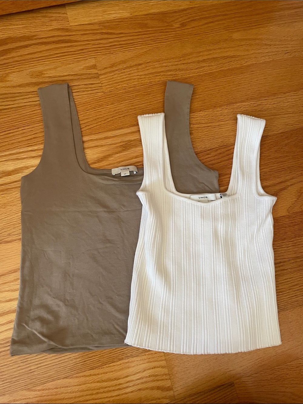Vince Ribbed White Tank & Taupe Scoop-Neck Tank Duo